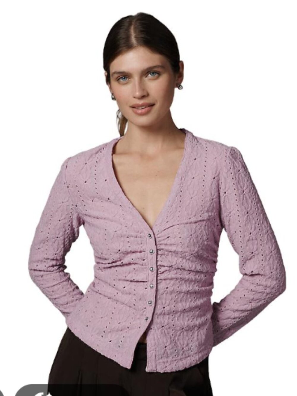 Maeve Lavender Eyelet Button-Front Knit Top size M